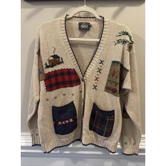 VTG Woolrich Cottage Core Cardigan Sweater Women's S Beige Patchwork - Picture 1 of 7